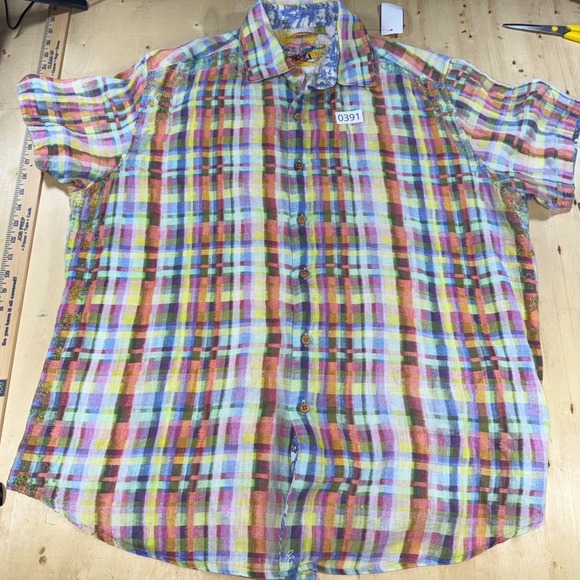 Robert Graham Other - Robert Graham Mens XL Linen Plaid Short Sleeve Button Down Shirt Gold Embroidery